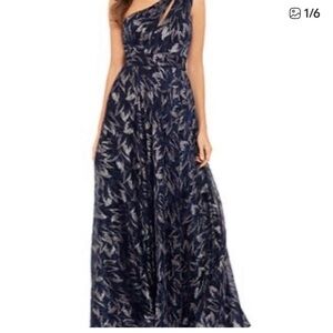 Betsy & Adam Galaxy Metallic Navy and Silver One-Shoulder Dress with Key Hole